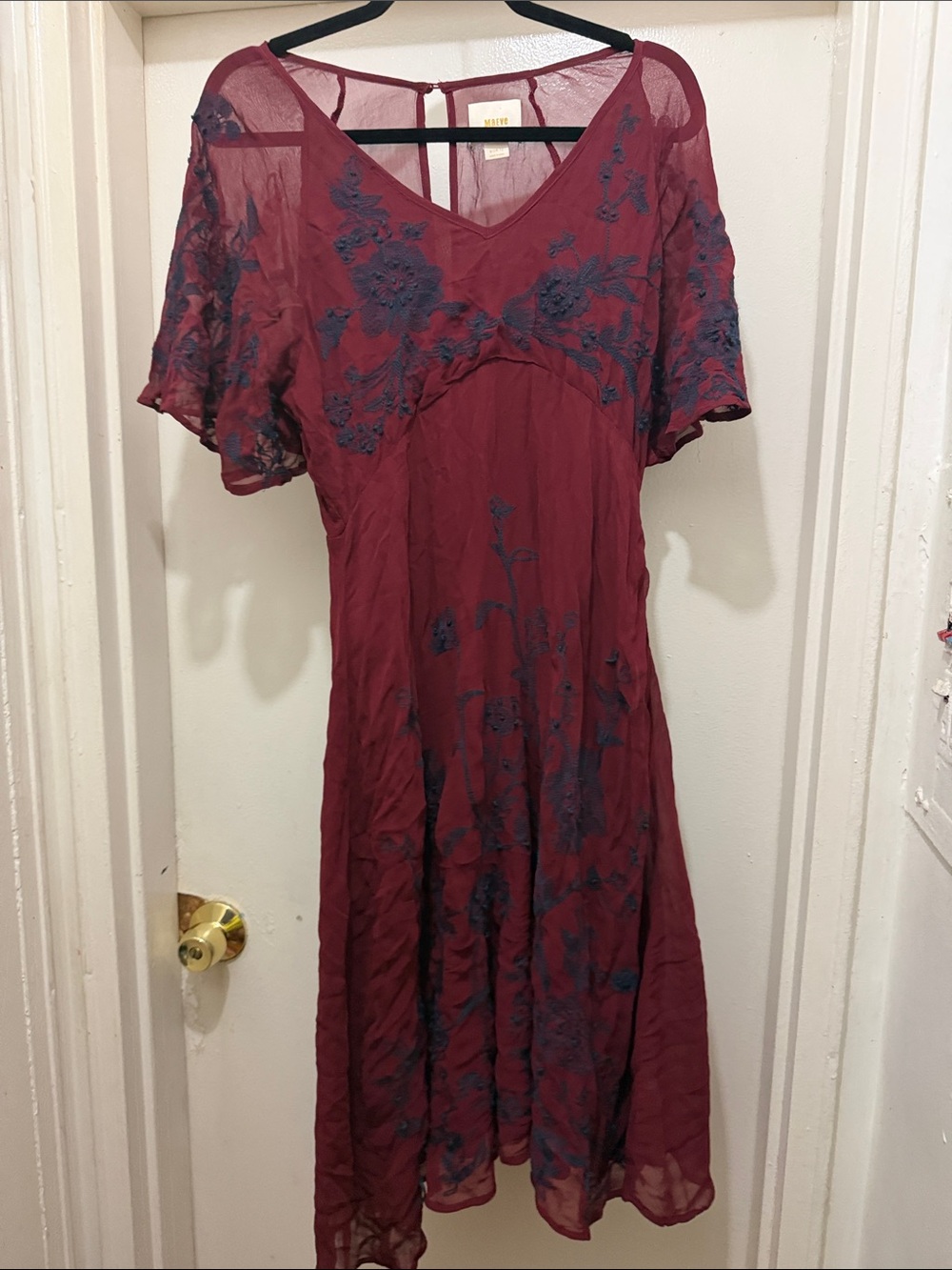 Maeve Burgundy Midi Dress with Navy Floral Embroidery